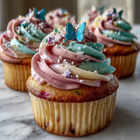 Swirled pastel buttercream crowns these light vanilla cupcakes, finished with charming butterfly toppers for a festive spring dessert.  