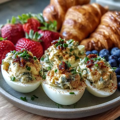 Easter Brunch Board with Deviled Eggs, Fruit, and Pastries showcases colorful deviled eggs, fresh seasonal fruit, and flaky pastries for a festive spring spread.