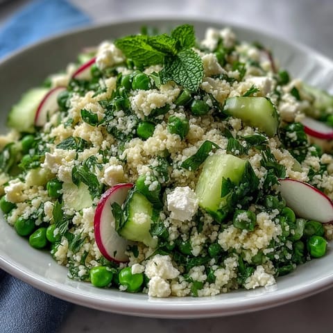 Spring Pea and Mint Couscous Salad with fresh peas and fragrant mint, a vibrant Mediterranean side dish for spring gatherings.