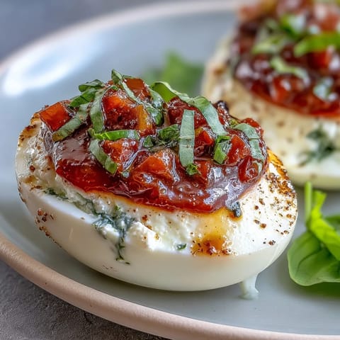 Caprese deviled eggs topped with fresh basil oil and diced tomatoes.