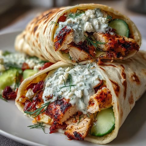 Mouthwatering Tzatziki Chicken Wraps bursting with Mediterranean flavors and creamy sauce.