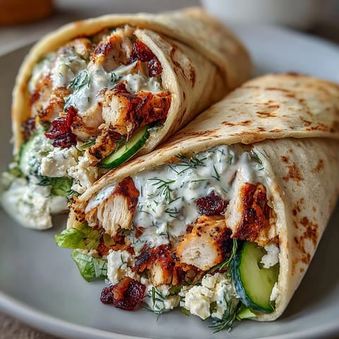 Tzatziki Chicken Wraps: Juicy grilled chicken, cool tzatziki, fresh veggies piled high.