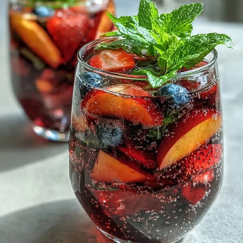 Vibrant Summer Sangria Mocktail overflowing with fresh peach and berry goodness.
