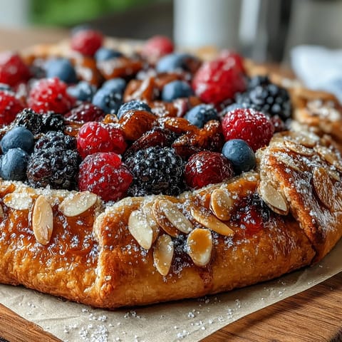 Golden almond crust overflows with glistening mixed berries, ready for serving.