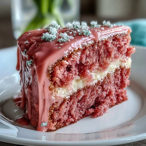 Luscious rosé velvet cake with creamy frosting, wedding-ready.