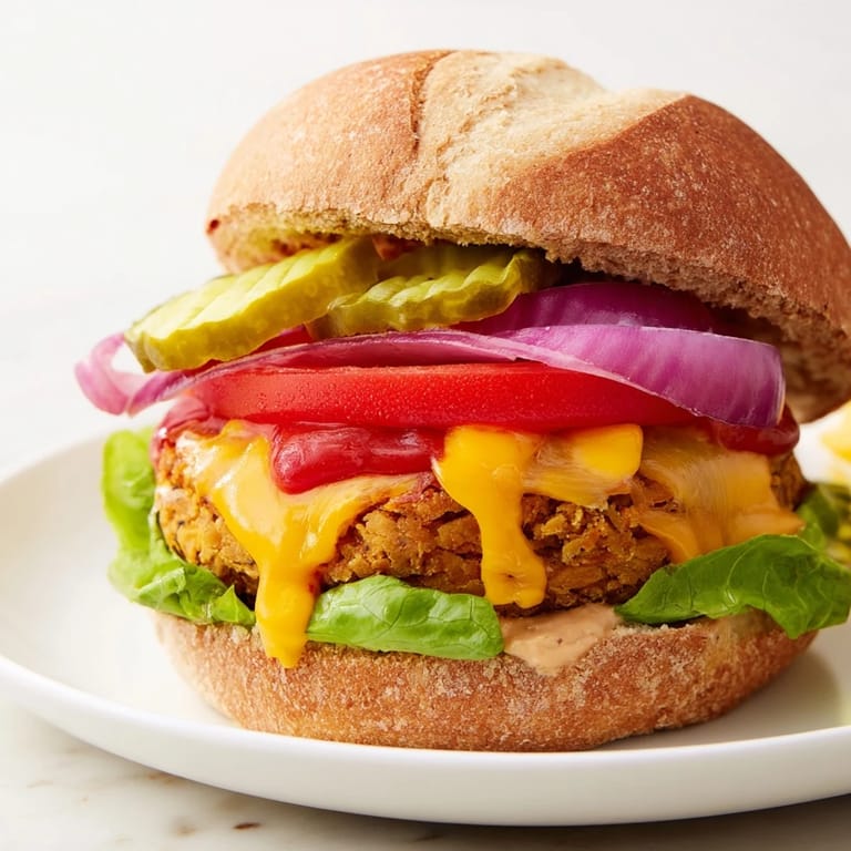 Close-up of a delicious veggie burger with vibrant toppings, a flavorful, healthy vegetarian meal option.
