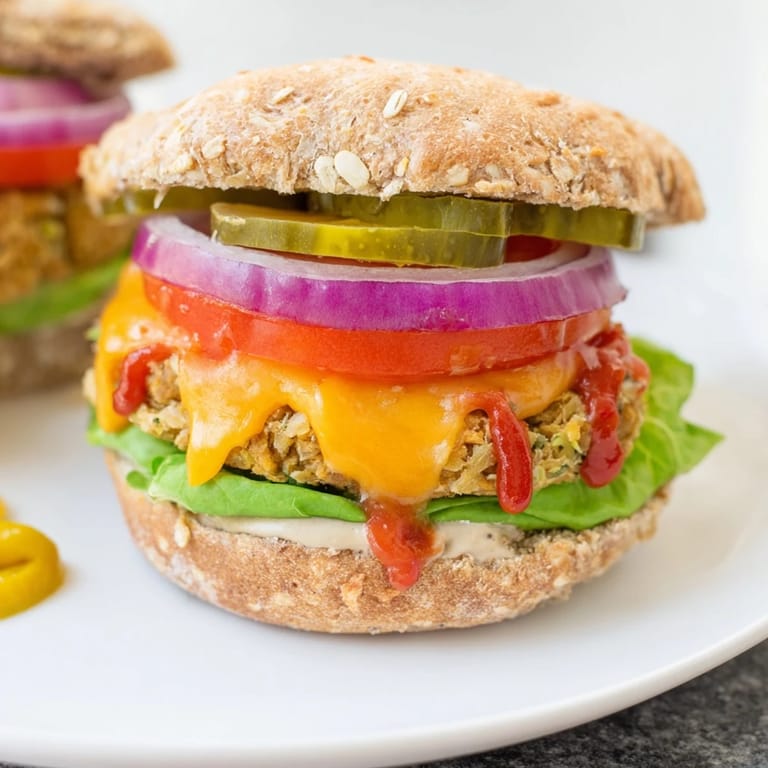 Golden-brown veggie burger patty with melted cheese, served on a whole wheat bun, ideal for lunch.