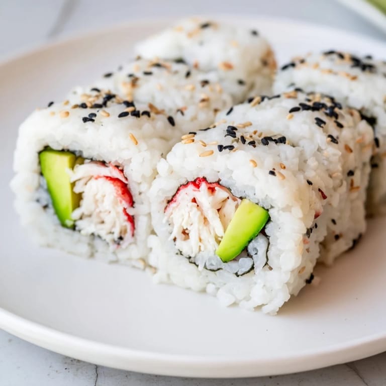 Close-up of a California Roll revealing perfectly formed layers of sushi rice, nori, and colorful fillings.
