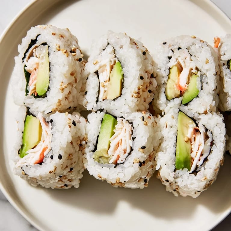 Beautifully arranged California Rolls, glistening with sesame seeds and waiting to be dipped in soy sauce.