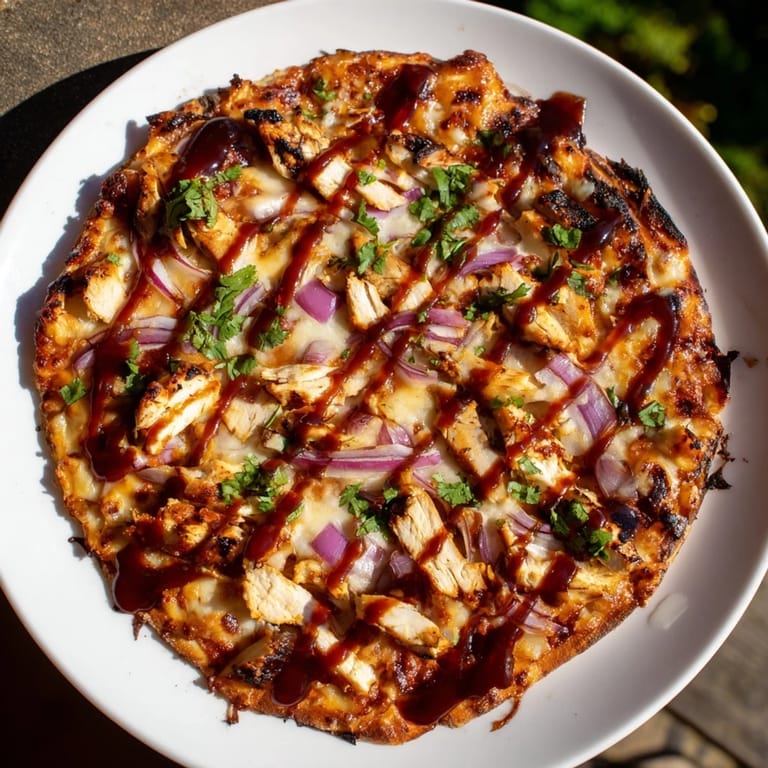 Delicious Chicken BBQ Pizza topped with savory grilled chicken, promising a satisfyingly cheesy, American meal.