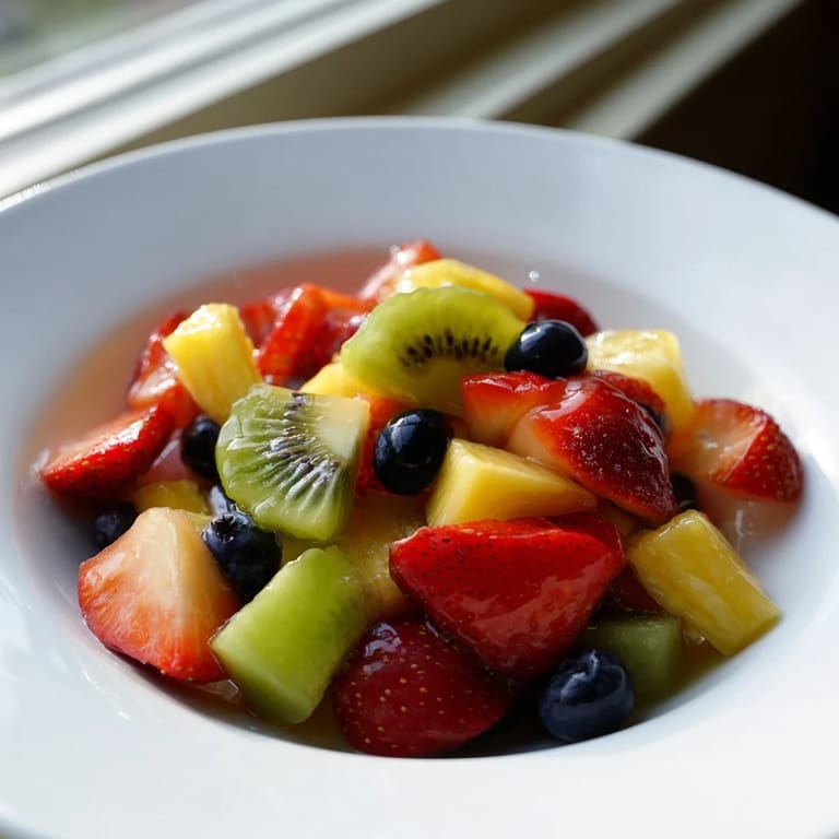 This fruit salad presents a refreshing mix of seasonal fruits, lightly coated in a citrus glaze.