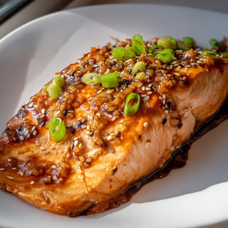 Glazed Honey Garlic Salmon, served with fluffy rice and sprinkled with fresh green onions; a tempting sight!