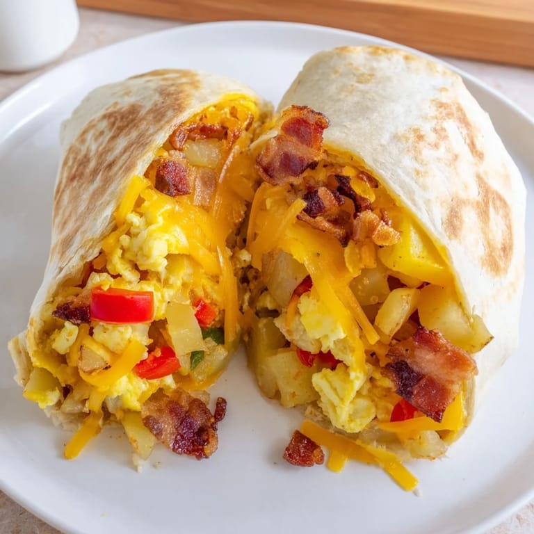Delicious, hearty breakfast burrito filled with scrambled eggs and savory sausage, perfect for brunch.
