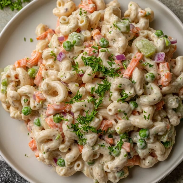 Close-up of a vibrant macaroni salad, showcasing tender pasta and crunchy colorful veggie bits.