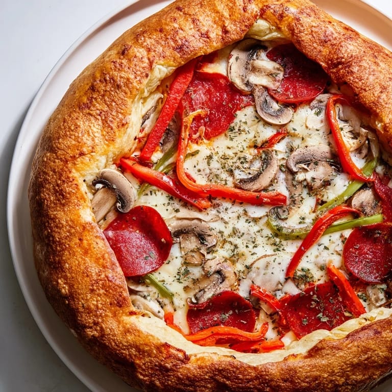 Enjoy a steaming slice of homemade stuffed crust pizza, loaded with classic toppings and flavor.