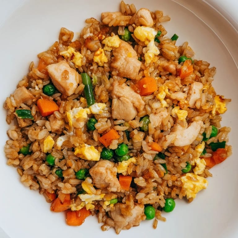 Delicious chicken fried rice served in a bowl, featuring fluffy rice, perfect for sharing.