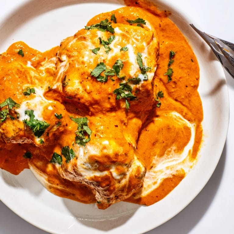 A close-up of Chicken Tikka Masala, showcasing tender chicken pieces in rich, red sauce.
