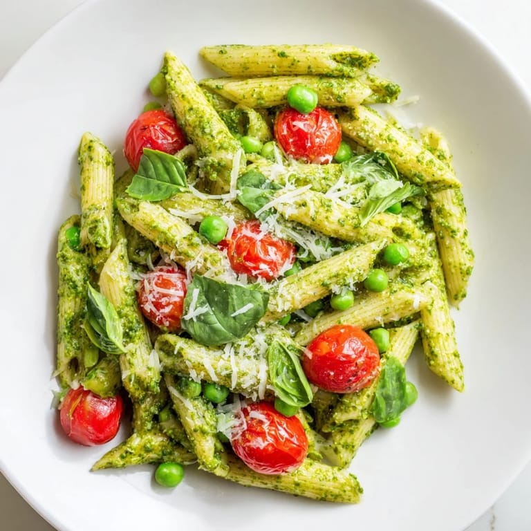 Fresh Green Pesto Pasta Salad served chilled with juicy tomatoes and parmesan, perfect for a summer picnic lunch.  