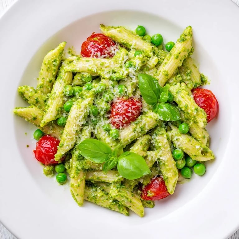 Vibrant Green Pesto Pasta Salad in a white bowl, garnished with basil and drizzled with olive oil.