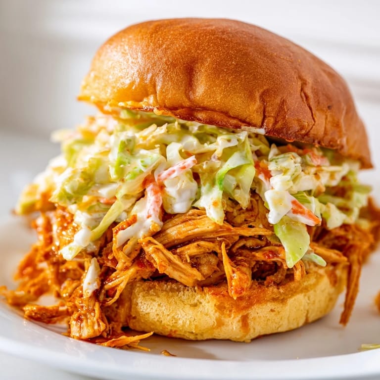 Juicy pulled chicken sandwich loaded with smoky barbecue chicken and vibrant slaw on a soft, golden brioche bun.