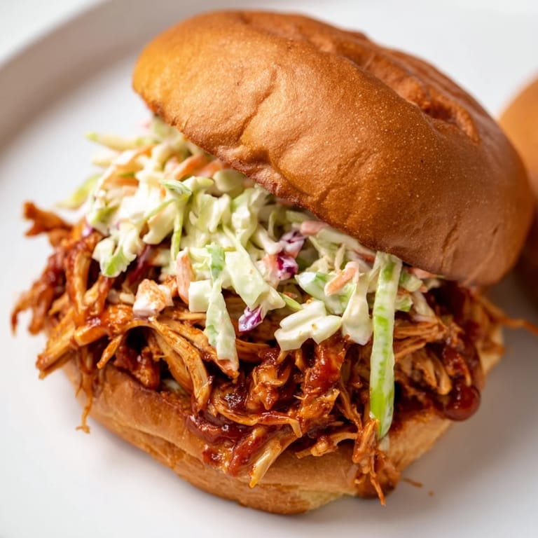 Savory pulled chicken sandwich stacked with crisp slaw on a toasted brioche bun, served with sweet potato fries.  