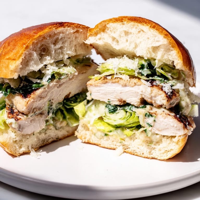 Golden grilled chicken Caesar sandwich stacked with romaine, tomato, and melted Parmesan on a bun.