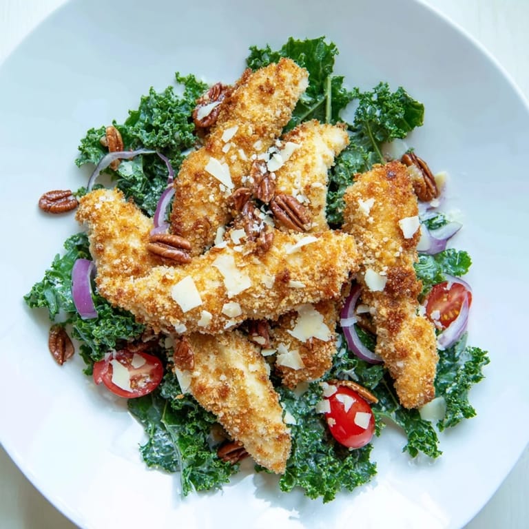 Serving suggestion for Crispy Chicken Kale Salad includes tender kale and sliced chicken breast drizzled with a sweet and savory maple-Dijon vinaigrette.