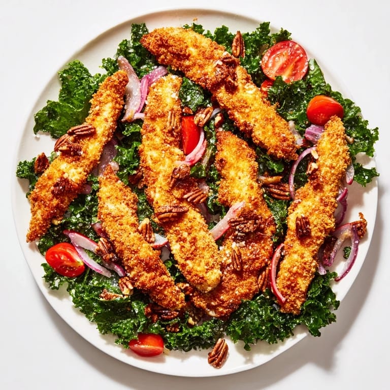 A hearty bowl of Crispy Chicken Kale Salad showcases juicy, crunchy chicken strips atop vibrant greens, finished with shaved Parmesan and toasted pecans.