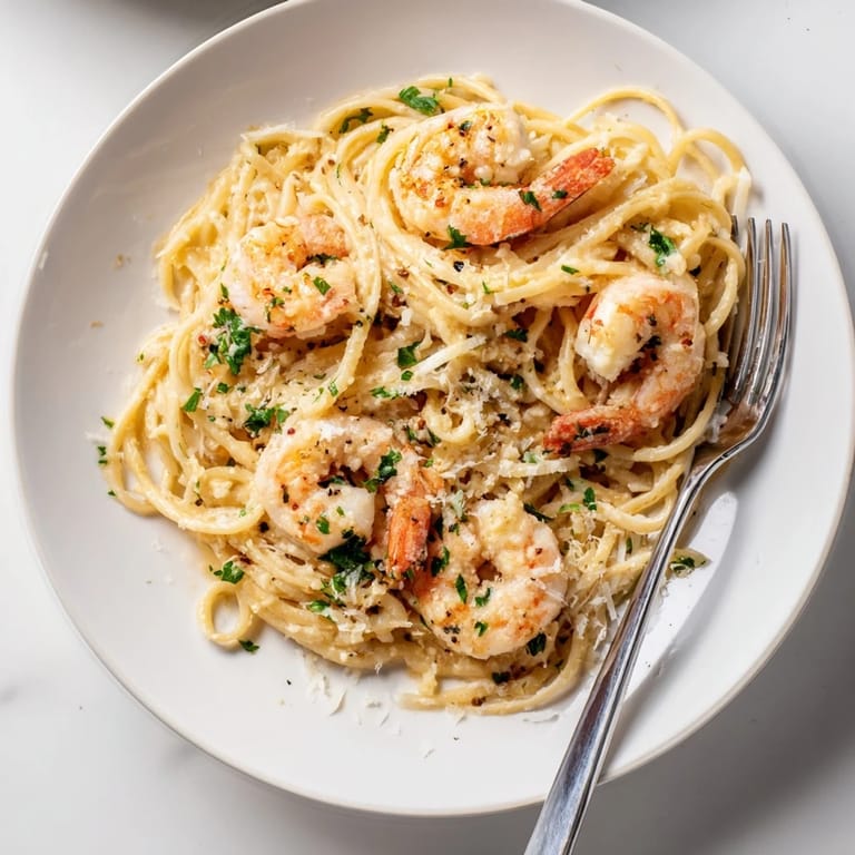 Easy Creamy Garlic Shrimp Pasta is plated for a weeknight dinner, garnished with parsley and a glass of white wine.