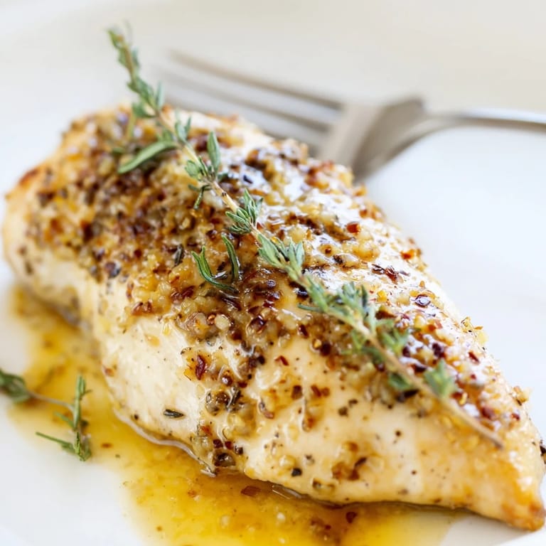 Juicy chicken breasts coated in Honey Dijon Chicken Skillet sauce, fresh herbs visible, ready to pair with roasted vegetables.