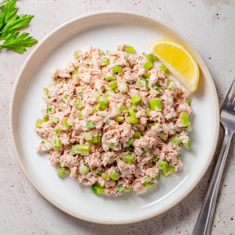 A close-up of Spicy Zesty Tuna Salad, showcasing flaky tuna and crisp green scallions.