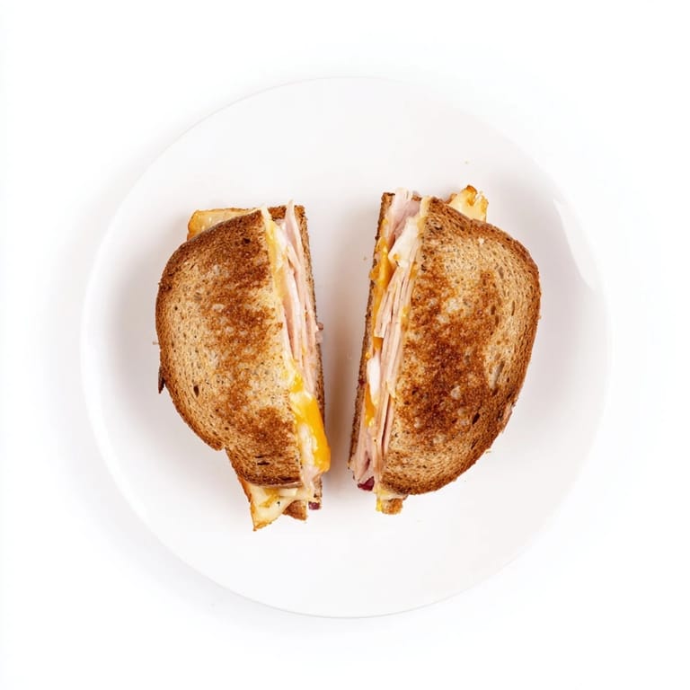 A close-up view of a savory smoked turkey grilled cheese sandwich with melty cheddar, served on a wooden board.