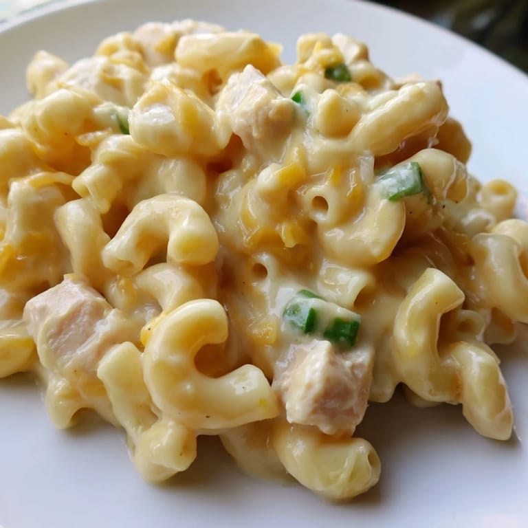 A spoonful of Green Chili Chicken Mac shows cheesy pasta with diced chicken and mild green chiles on a rustic plate.
