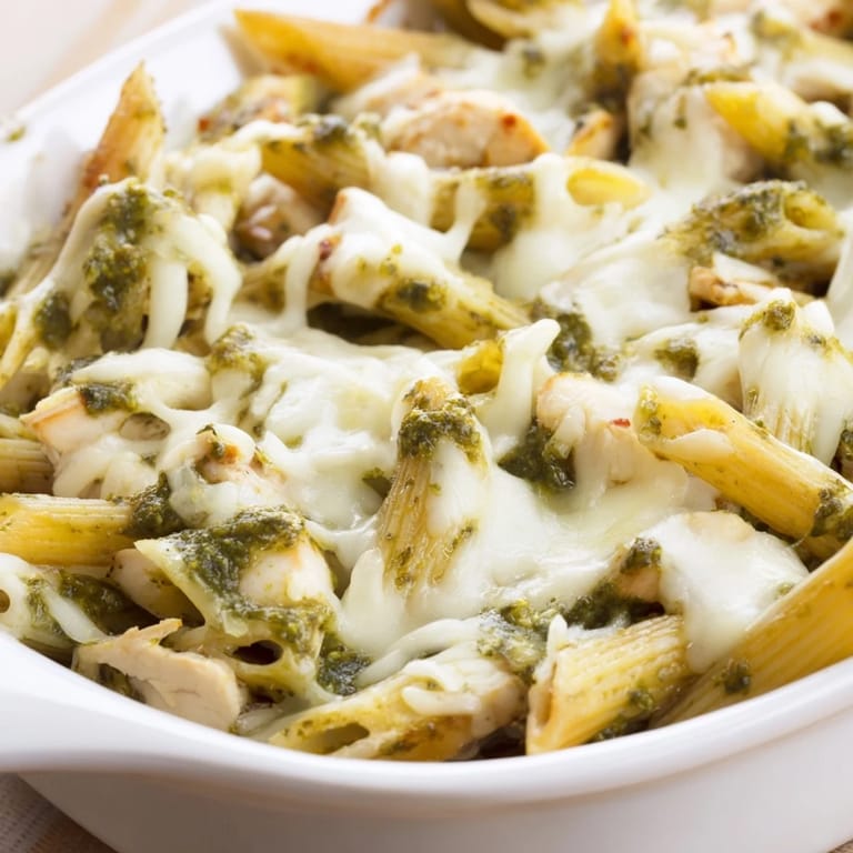 Fresh basil garnishes the bubbly, cheesy surface of a hearty Pesto Chicken Pasta Bake, served for a cozy family dinner.