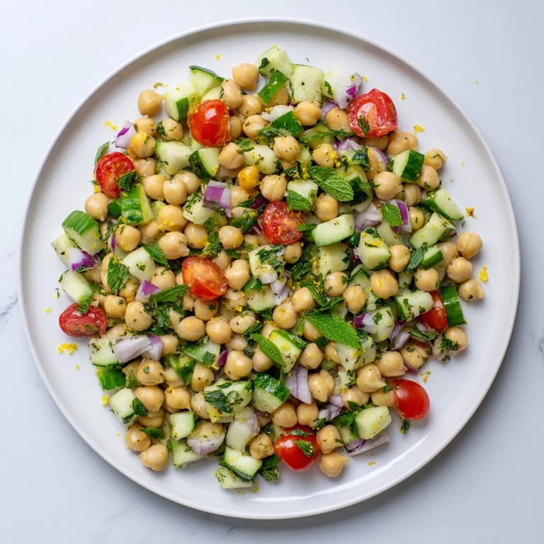 A close-up of vibrant Lemon Herb Chickpea Pasta Salad, highlighting fresh dill, mint, and zesty lemon dressing.  