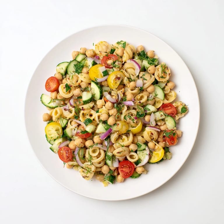 Chilled Mediterranean-inspired Lemon Herb Chickpea Pasta Salad served in a white bowl, garnished with parsley and olives.