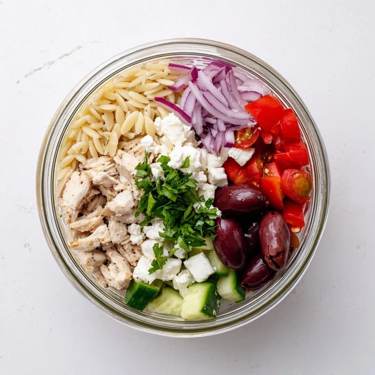 Bright, meal-prep friendly Greek Pasta Chicken Salad Jars topped with parsley, ready to shake and serve for lunch.