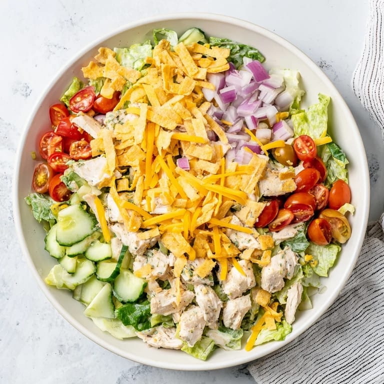 Easy Jalapeño Ranch Chicken Salad served over crisp greens with cherry tomatoes and avocado, topped with crispy strips for a cool-and-spicy weeknight dinner.