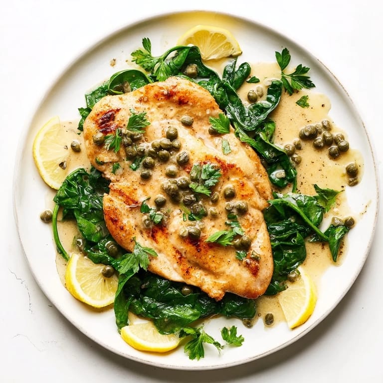 Tender Spinach Lemon Butter Chicken in a glossy lemon butter sauce, paired with wilted spinach for an elegant weeknight dinner.