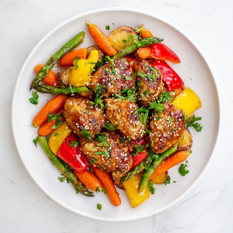 Sheet Pan Honey Garlic Chicken & Veg glistens with caramelized edges, served alongside fluffy rice or quinoa and sprinkled with fresh parsley and sesame seeds.