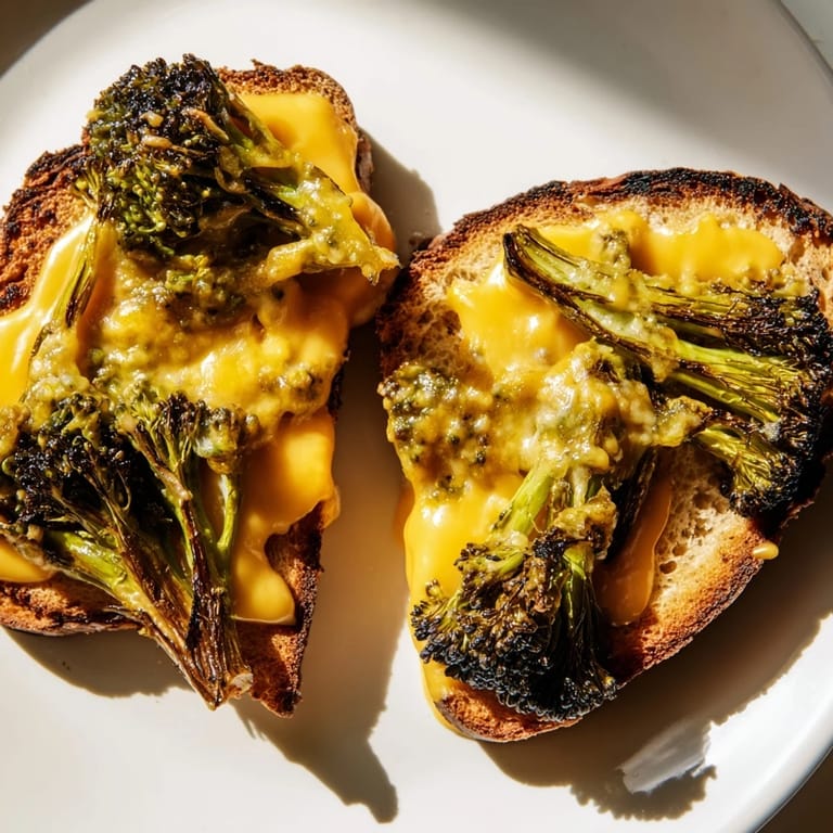 A close-up view of a crispy, buttery sandwich cut in half, revealing gooey cheddar and vibrant green roasted broccoli pieces.