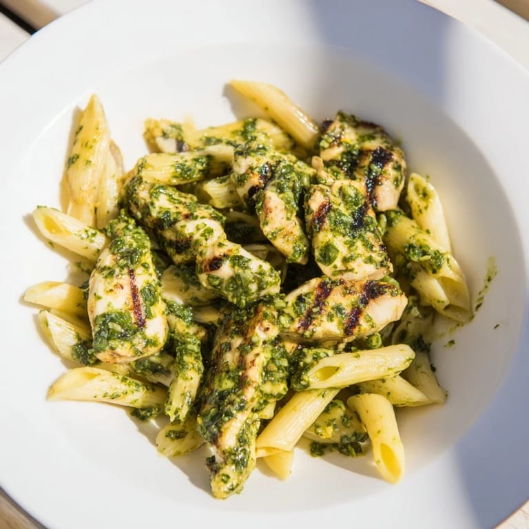 A close-up view of Chimichurri Chicken Pasta, featuring juicy sliced chicken breast over twisted pasta coated in bright green, garlicky herby sauce.