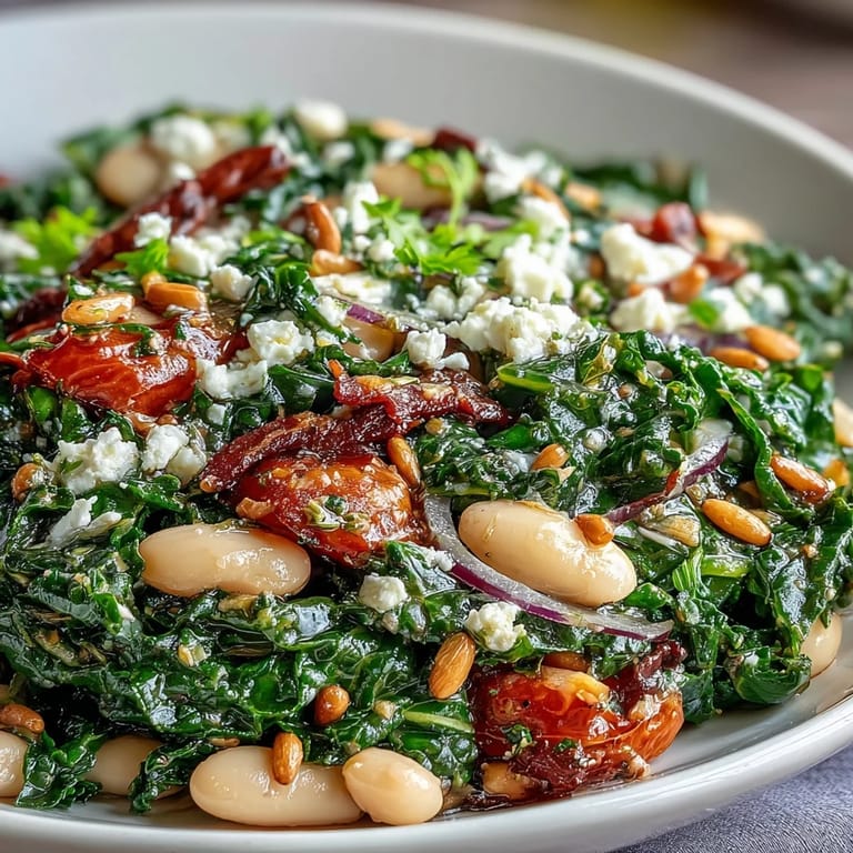 Hearty White Bean and Kale Salad, massaged kale and creamy beans ready to serve.