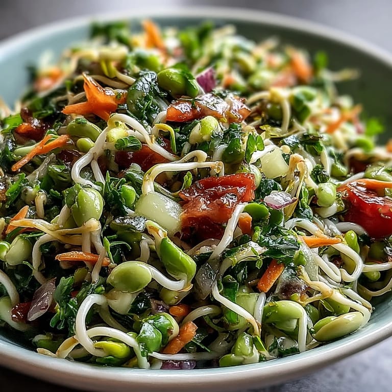 Healthy vegan Sprouted Seed Salad served in a rustic bowl, garnished with grated carrots and fresh cilantro.