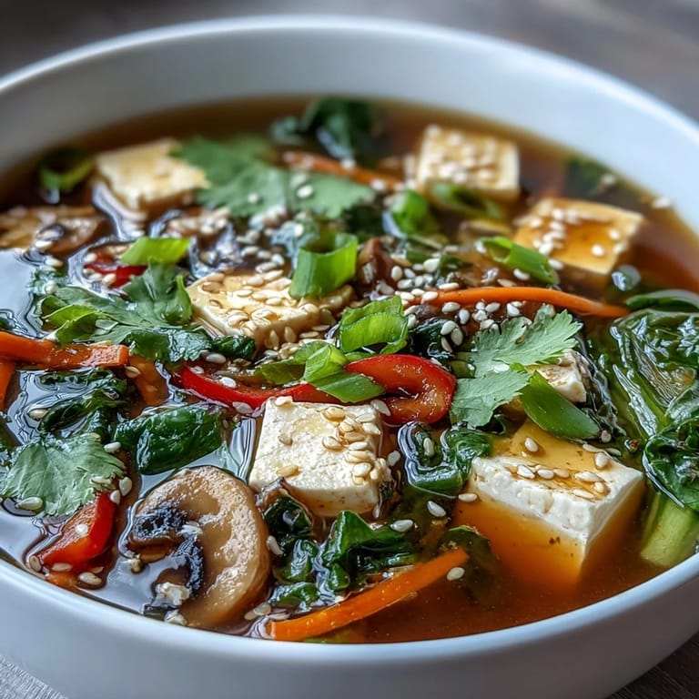 Hearty Tofu and Vegetable Soup with fresh herbs, perfect for a cozy meal.