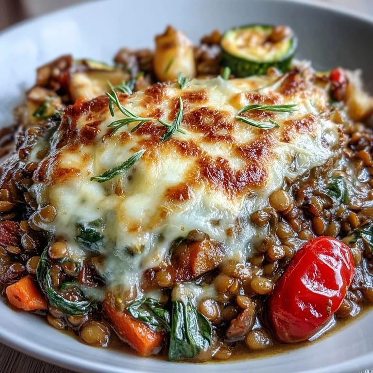 Golden-topped green lentil and vegetable casserole, perfect for a healthy weeknight dinner.