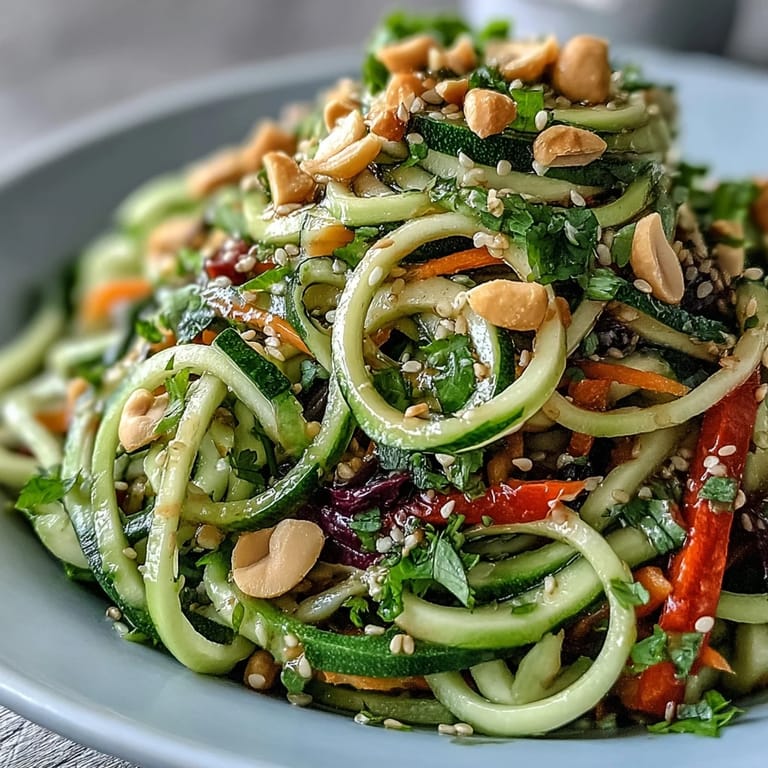 Fresh red cabbage and crisp cucumber noodles in a colorful, crunchy vegetable salad.