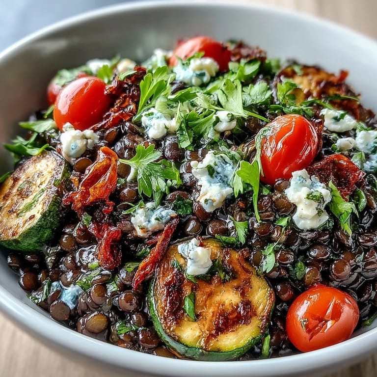 Hearty Black Lentil Salad with Roasted Vegetables in a white bowl, topped with fresh parsley and a zesty lemon dressing.  