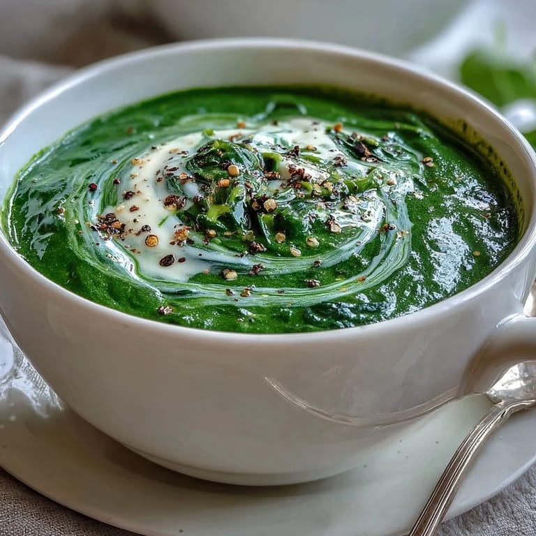 Homemade spinach soup blended until velvety, garnished with fresh black pepper for a savory finish.