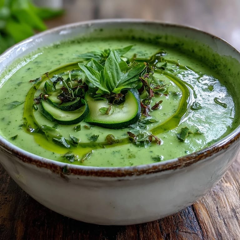 A close-up of creamy Zucchini Soup with a swirl of cream and lemon zest, served alongside toasted artisan bread.